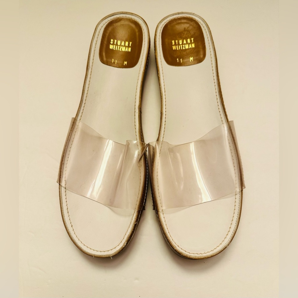 Stuart Weitzman White and Gold Sandals Minimalist Design Size 11 
Leather trim